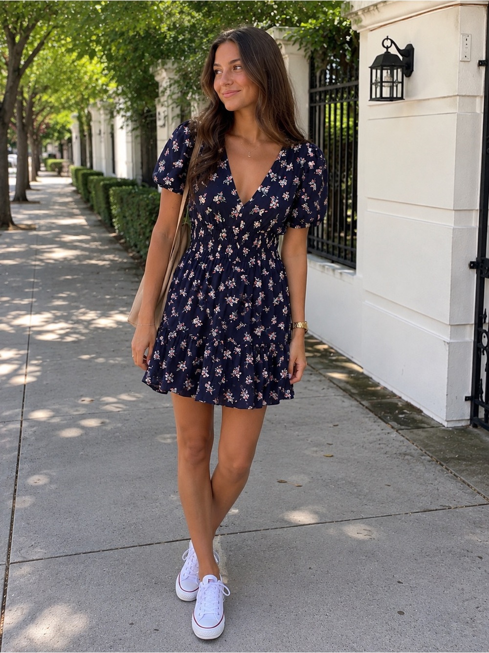 GAP Navy Blue Floral Short-Sleeve V-Neck Dress Size M